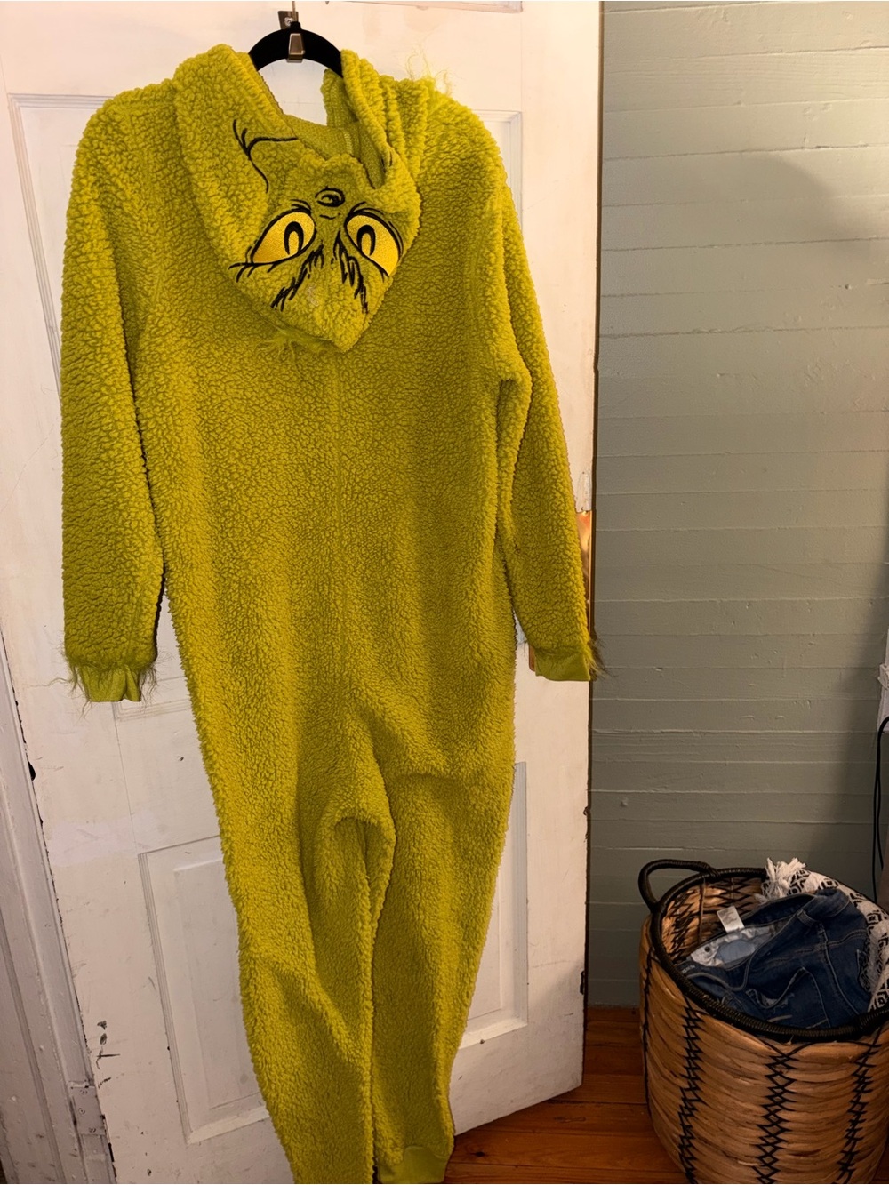 Dr. Seuss Lime Green Hooded Fleece Pajama Onesie with Heart Patch - Picture 2 of 3